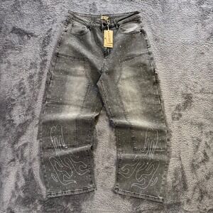 Uncle Ralph Rhinestone Flames Denim Baggy Jeans Grey Carpenter Pants 32 Stretchy